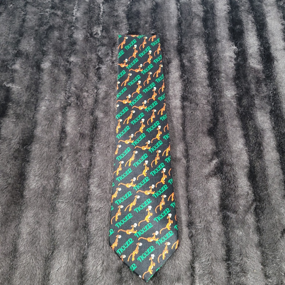 Disney Pooh Tigger Mens Necktie Black Green Text Herringbone Vintage Character